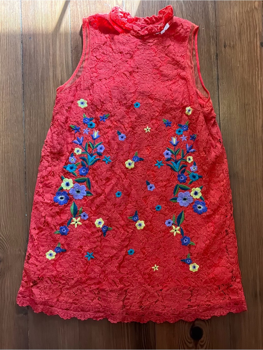 Umgee Red Lace Sleeveless Dress with Blue & Yellow Floral Embroidery Size L